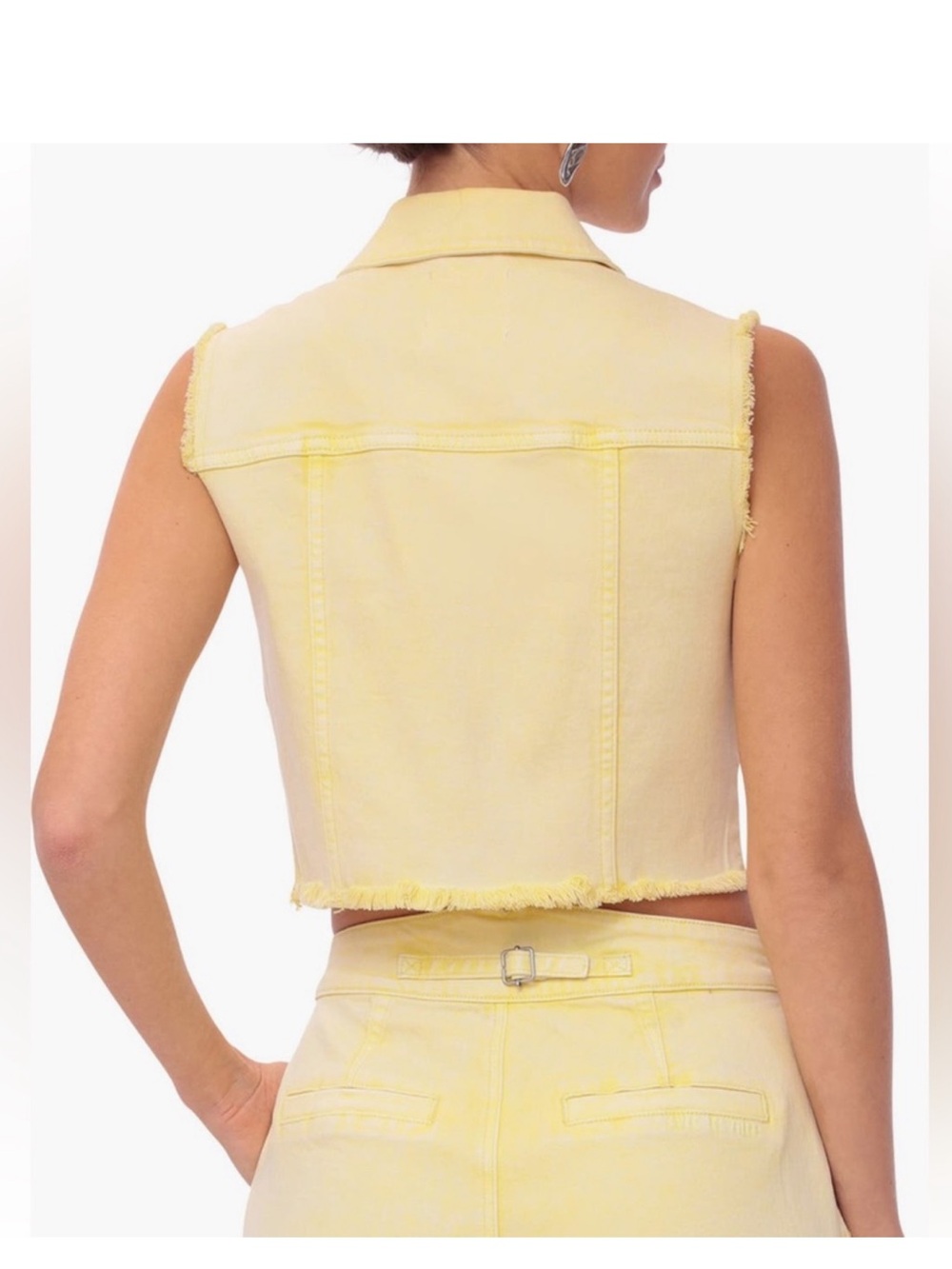 Avec Les Filles Size L Butter Yellow Cropped Denim Vest Frayed Coastal Summer - Picture 3 of 15